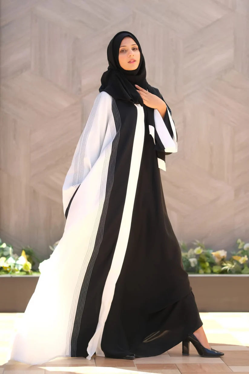 Moonlit Threads Abaya | Black & White Contrast
