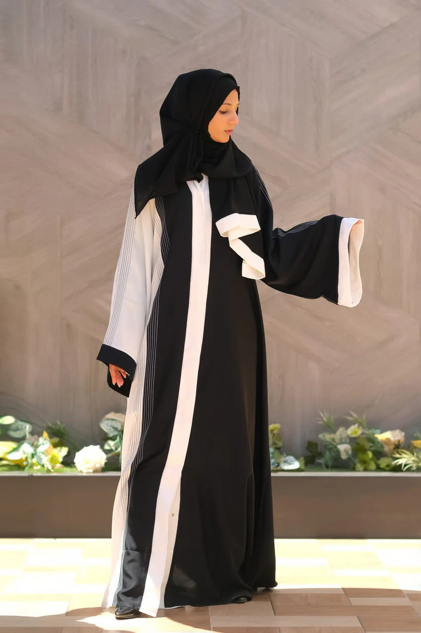 Moonlit Threads Abaya | Black & White Contrast
