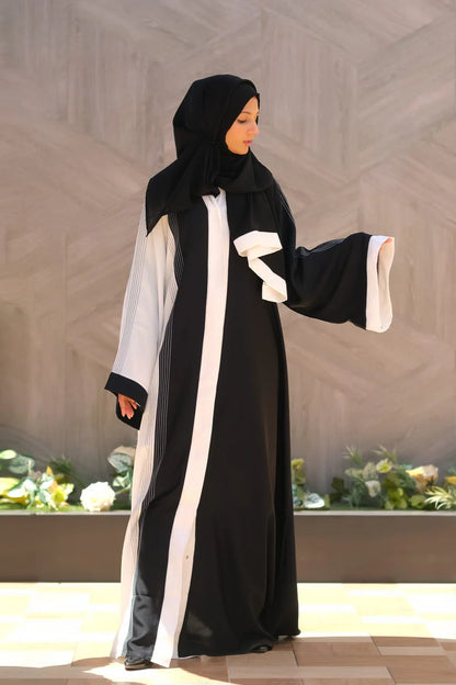 Moonlit Threads Abaya | Black & White Contrast